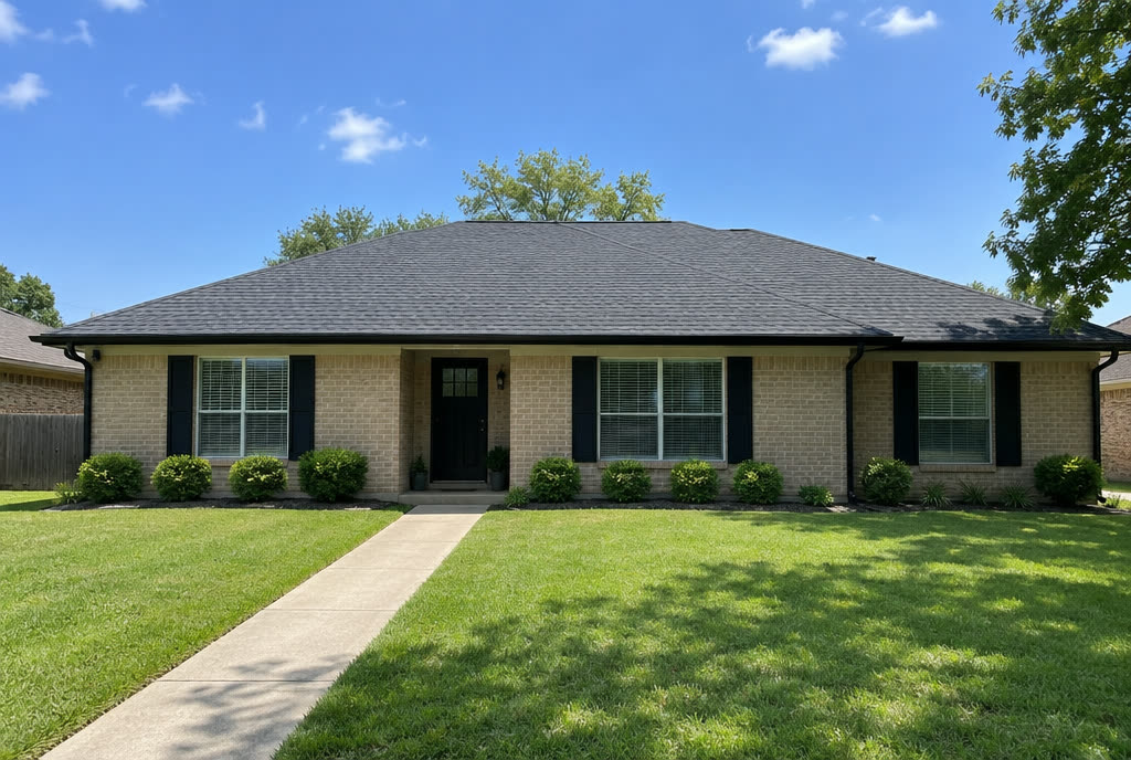 Sample image: the same brick ranch house with a new charcoal shingle roof.