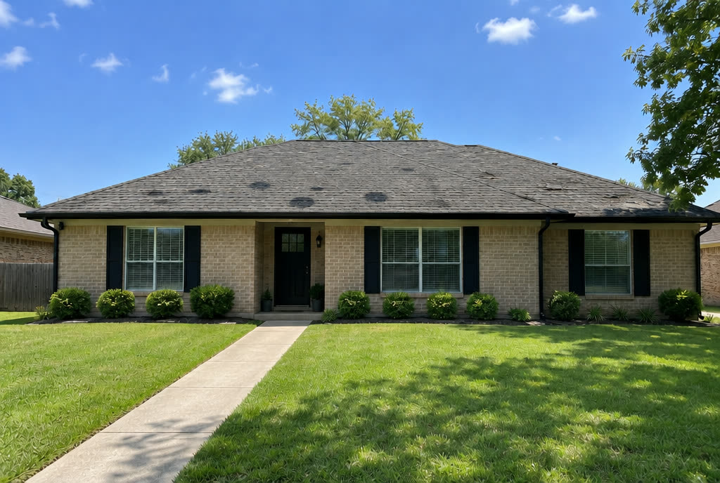 Sample image: a brick ranch house with an old roof marked by hail.