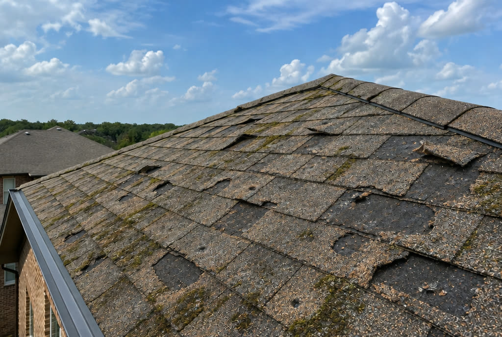 Sample image: a roof slope with storm-torn and mossy shingles.
