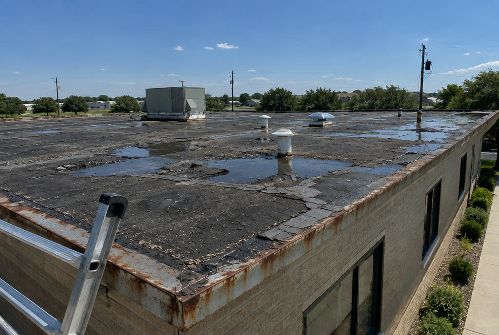 Sample image: an old cracked tar flat roof with standing water.